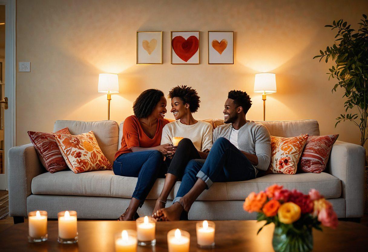 A warm, inviting scene of a couple sitting together in a cozy, softly lit room, sharing laughter and deep conversation. Surround them with symbols of intimacy and connection like a heart-shaped decor, flowers, and candles for a romantic atmosphere. Include diverse characters to represent inclusive relationships. Create an uplifting vibe that radiates joy and healthy interaction. soft focus. vibrant colors. warm tones.