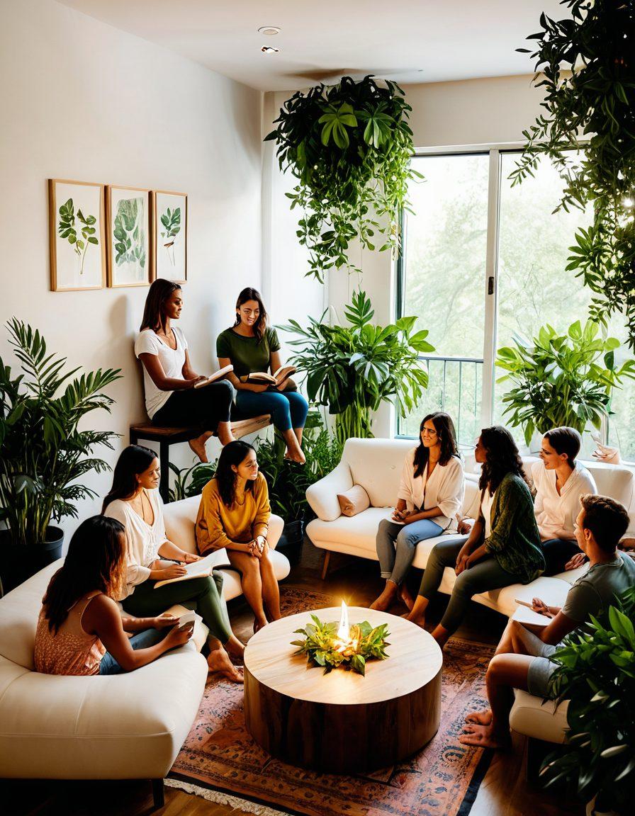 A serene and inviting space with soft lighting, featuring a diverse group of individuals engaging in open conversation about sexual wellness. Include elements like plants for freshness, comfortable seating, and open books on the topic around them. Emphasize body language conveying trust and empowerment. Create a warm and inclusive atmosphere. soft focus. vibrant colors. contemporary illustration.