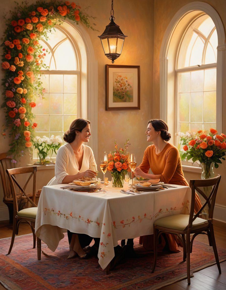 A romantic setting featuring a candlelit dinner for two, with soft, warm lighting that creates an intimate atmosphere. Include a couple laughing joyfully at the table, surrounded by lush flowers and a bottle of wine. Subtle heart motifs in the background symbolize love and connection, enhancing the theme of intimacy. Soft focus and warm tones to evoke a sense of comfort and passion. painting. vibrant colors.